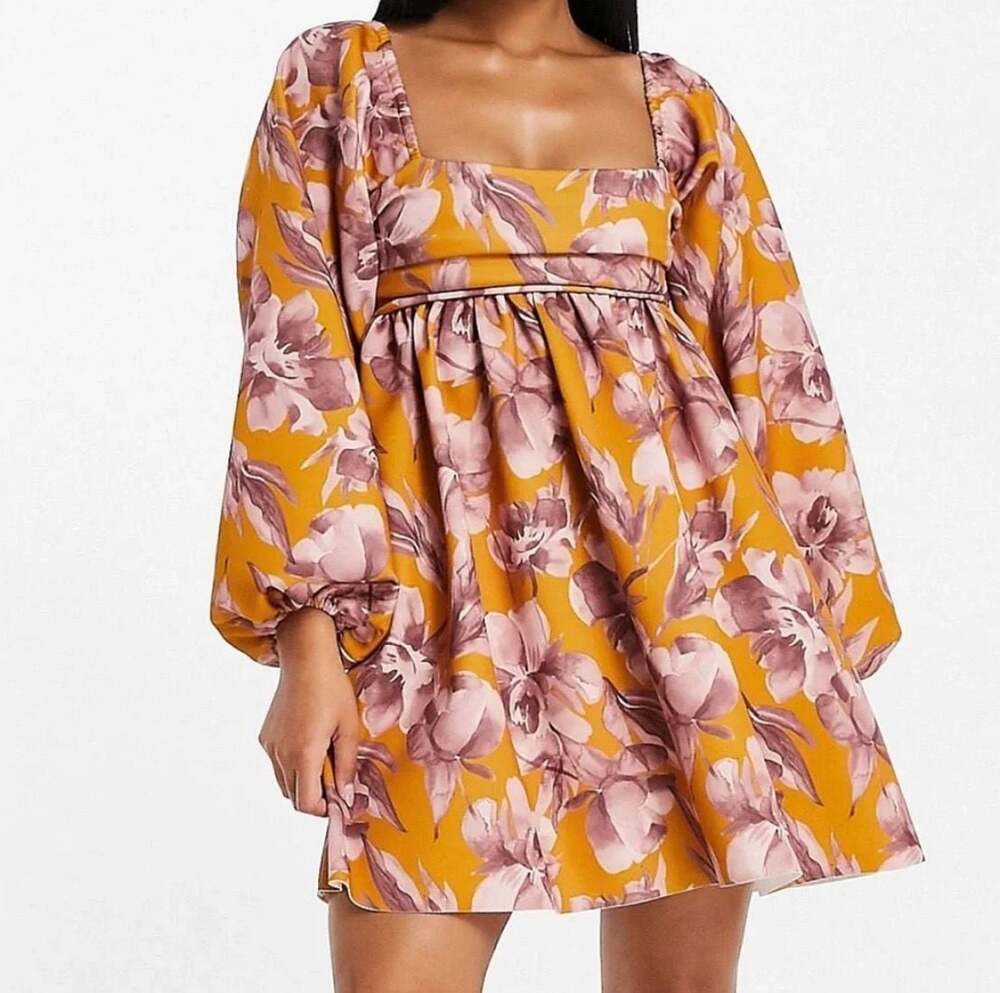 ASOS Design Square Neck Smock Mini Dress in Watercolor Floral Print